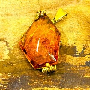 Gorgeous Vintage Artisan Art Deco Faceted Amber colored glass pendant 2"x1"x1/4"
